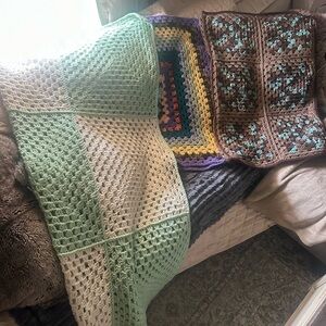 3 granny blankets Handmade Crochet Grandma afghan squares throw warm vtg baby